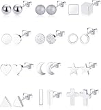 Tornito 12 Pairs Stainless Steel Stud Earrings Geometric Earring Set for Women Men Heart Triangle Square Cross Star Moon Mini Bar Ball Stackable Earring Silver Tone