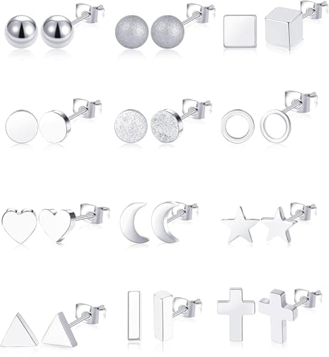 Tornito 12 Pairs Small Stud Earrings Geometric Earring Set Stainless Steel Heart Triangle Square Star Moon Round Mini Bar CZ Ball Stackable Helix Cartilage Earring Silver Tone for Women Men
