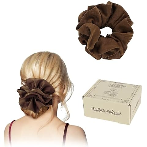 Handmade Large Stain Scrunchies for Women,Embossed Fabric Soft Scrunchie for Thick Hair,Hair Ties for Hair Sleep Girl Cute Scrunchies Brown 1PCS Cover