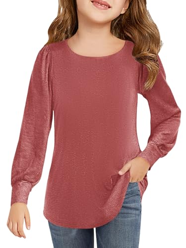 Image of Haloumoning Girls Puff Long Sleeve Shirts Fall Tops 5-14Y | Casual,Solid Color,Crewneck, Soft, Tunic Tops Blouse,Kids Long Sleeve T Shirt,,Fashion Clothes