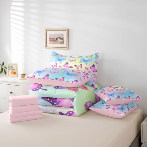 Image of Butterflies 7 Pieces Bedding Set Queen Size,Blue Purple Butterfly Bed in a Bag,Elegant Wildlife Bed Set Includes Comforter,Sheet Set,Pillowcases & Pillow Covers,Gradient Starry Bedroom Decor
