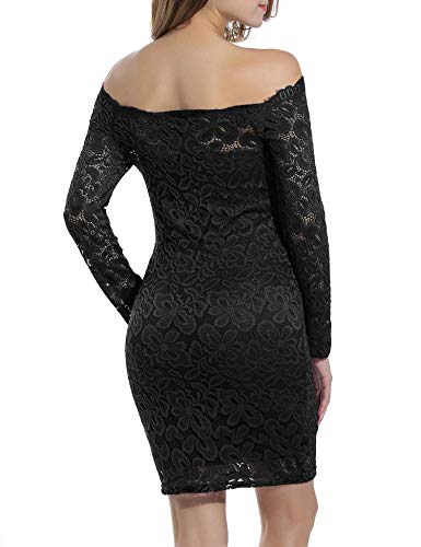ACEVOG Women's Boat Neck Floral Lace Wedding Dress Off The Shoulder Cocktail Dress (X-Large, Black) - Thumbnail 4