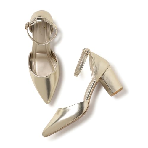 Image of Marc Loire Women's Pointed Toe Block Heel Pumps | Office & Party Shoes with Ankle Loop & Buckle Strap | Formal Footwear