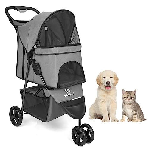 Timati 3 Wheels Pet Stroller Foldable Dog Cat Carrier Strolling with Brake, Canopy, Cup Holders and Bottom Storage Space (Dark Grey)