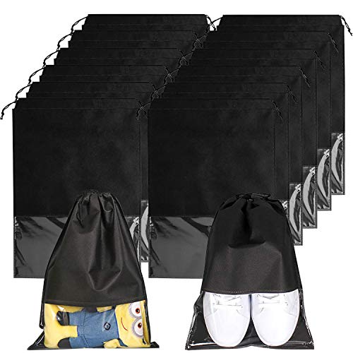 Preisvergleich Produktbild BETOY 12pcs Schuhbeutel, Wasserabweisende Staubabweisende Schuhtaschen Transparente mit Zugband, Travel Aufbewahrungsbeutel Organizer für Reisen Zuhause, 36 * 27 cm, Schwarz