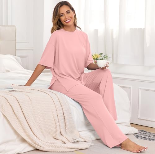 Image of PrinStory Womens Pajamas Sets 2 Piece Lounge Set Short Sleeve Tops and Long Pants Soft Pjs Loungewear with Pockets