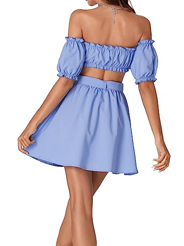 LYANER Women's 2 Piece Outfits Off Shoulder Strapless Ruched Puff Sleeve Crop Top and Mini Skirt Set2
