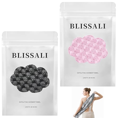 Blissal Exfoliating Shower Towel Premium Microfiber Scrub Towel Quick-Drying Durable & Gentle 2-in-1 Exfoliatings Towels-Body Scrubber with 2 Sides for All Skin Types (Black+Pink)