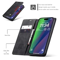 owlhold Handyhülle für iPhone 15 Hülle, Premium Lederhülle Weiches Vintage-Nubukleder Faltbare Ständer Klapphülle Kartenfach Standfunktion stoßfest Schutzhülle für iPhone 15 -Schwarz – Ansicht 2