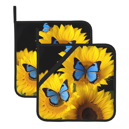 Yellow Sunflowers with Blue Butterflies Print Pot Holders Set of 2 Kitchen Heat Resistant Potholder Non Slip Waterproof Hot Pads with Loop for Microwave BBQ Cooking Baking 8 x 8 Inch