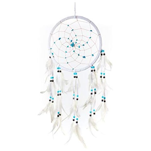 Pink Pineapple Large Handmade Bohemian Dream Catcher Ethical Hanging Dreamcatcher Wall Art with Vegan Suede Turquoise Stones Feathers and Beads Traditional Crochet Design 22cm Wide, 60cm Long (White) Cover