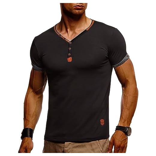 Leif Nelson Herr sommar T-shirt V-ringad smal passform bomull-andel modern herr t-shirt V-hals huvtröja kortärmad lång LN1390, svart, M