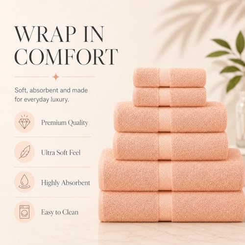 Image of Sulfar 100% Combed Cotton, 6 Pcs Towel Set - 2 Bath Towels (70 x 140 cm), 2 Hand Towels (40 x 70 cm) and 2 Face (30 x 30 cm) (600 GSM, Pack of 6) Tender Peach