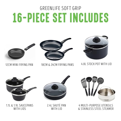 GreenLife Soft Grip Gesunde keramische Antihaftbeschichtung, 16 teiliges Kochgeschirr Set mit Bratpfanne, Stielkasserolle und Kochtopf, PFAS-frei, spülmaschinenfest, Backofenfest, Schwarz – Bild 6
