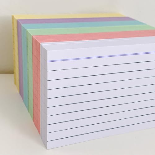 Fhlbestyu Karteikarte A7, 500 Stücke, 7,4 x 10,5 cm Linierte Karteikarte für Mark, Rezeptaufzeichnung, Hinterlasse eine Nachricht, Unterwegs Vokabel Lernen (5 Farben Verpackt)