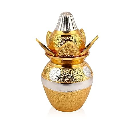 The Healing Store German Gold-Silver Plated Pooja Kalash lota with Coconut, Leaves and Royal Velvet Box Poojan Home, Temple Wedding Gift (Large)