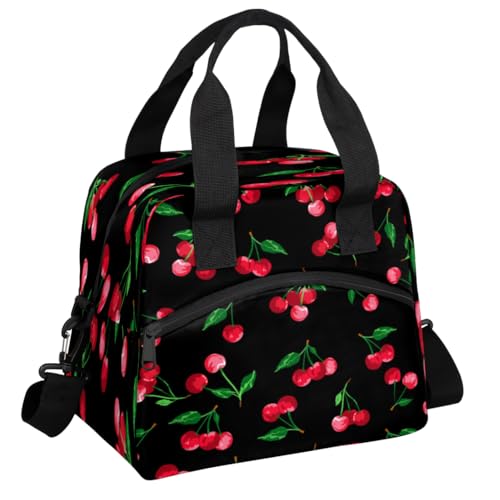 Aglebo Cherry Pattern Insulated Lunch Bag for Women Men, Reusable Lunch Box Container with Adjustable Shoulder Strap Large Leakproof Thermal Lunch Cooler Bag for Adult Work Picnic Office