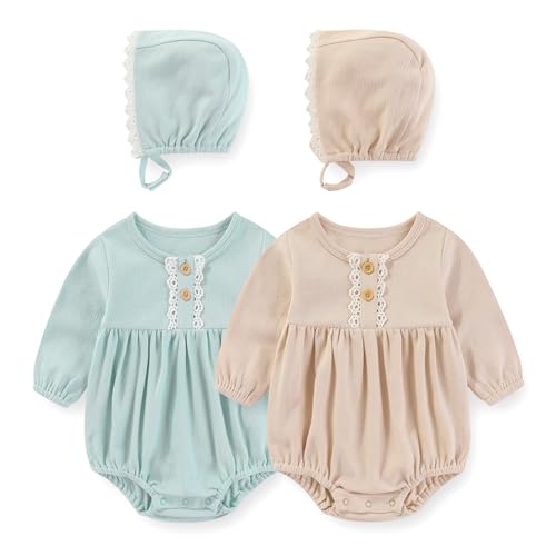 Newborn Baby Girl Clothes Cotton Bubble Rompers Infant Outfit Floral Long Short Bodysuit, 4 Pack2