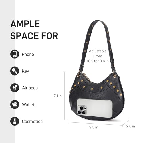 Image of Small Shoulder Bag Crescent Y2k Vintage Purses for Women with Rivet Design (Black)