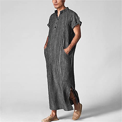 Men Islamic Arabic Kaftan, Striped Short Sleeve Casual Pockets Muslim Robes, Cotton Saudi Arabia Jubba Thobe3