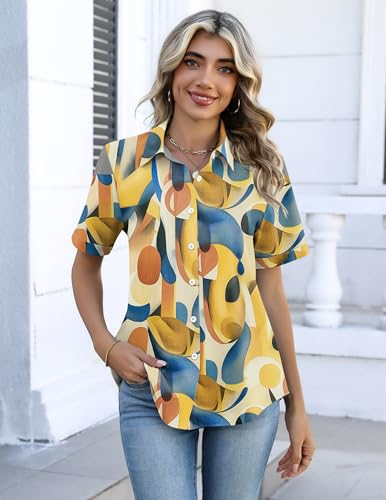 Image of Zeagoo Button Down Shirts for Women Short Sleeve Collared Tops Dressy Casual V Neck Blouses