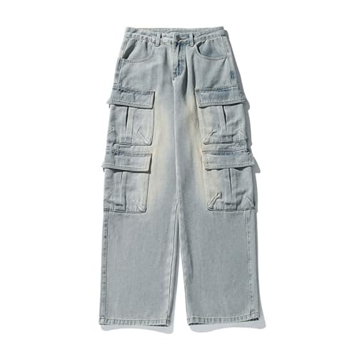 Men's Multi Pocket Cargo Jeans Loose Fit Vintage Wash Denim Pants Casual Straight Leg Streetwear Style