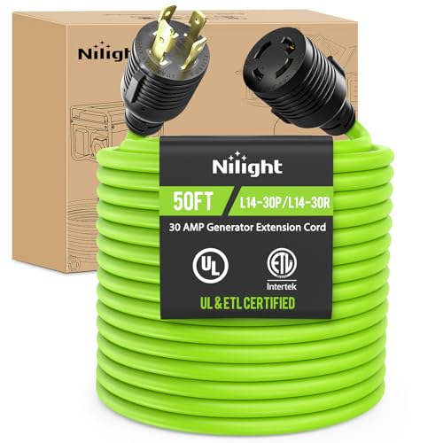 Image of Nilight 50FT 30Amp Generator Extension Cord 125V Heavy Duty 10 /3 Gauge Pure Copper STW Wire UL ETL Listed 4 Prong L14-30P L14-30R Weatherproof Suit for Camper Outdoor Use Bright Green