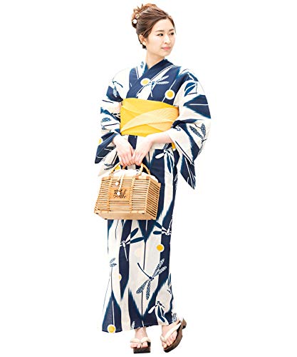 [SOUBIEN] (ソウビエン) 浴衣セット レディース レトロ 白系 アイボリー 紺 矢羽根縞 トンボ 水玉 綿 女性 花火大会 着付け4点セット 作り帯 黄色