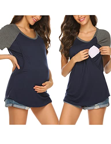 Ekouaer Short Sleeve Nursing Top Soft Maternity Shirt Double Layer Breastfeeding Tee For Women Navy Blue Large #TOP15