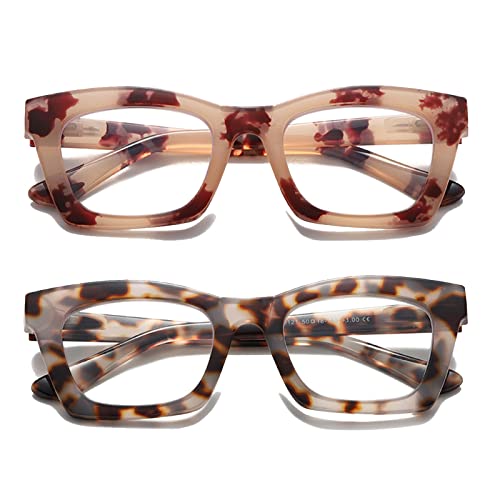Hubeye Gafas de lectura para Mujeres de Moda Anteojos de lectura con Bisagra de resorte ultraligeras anti luz azul (Leopardo rosa+Leopardo gris claro, 2.50)