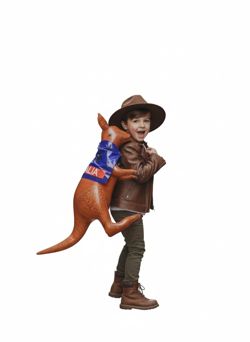 labreeze Children's Explorer Fancy Dress Costume Set with Brown Hat and Inflatable Kangaroo, Australian Flag Print, 70cm, Polyester, One Size