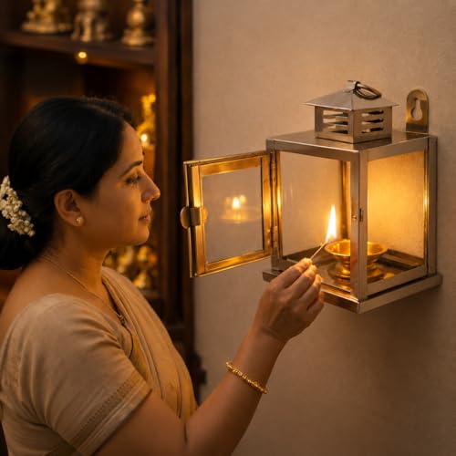 Image of Nakshathra Stainless Steel Wall Mounted Oil Lamp with Glass Cover, Deepam Lid, Windproof Hanging Diya Lantern for Home & Temple Pooja, Ideal for Decorating Indoor Outdoors (Medium)