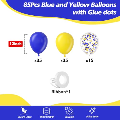 Image of 85pcs 12 inch Royal and Yellow Latex Balloons with Blue Yellow Confetti for Birthday Anniversary Engagement Graduation Baby Shower Wedding Party Decorations with Ribbon