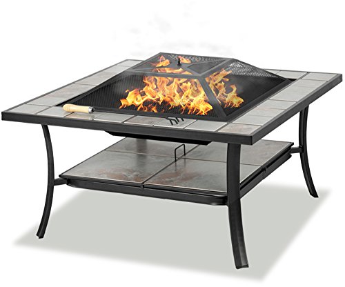 Centurion Supports SHANGO Premium Multi-Functional Black with Ceramic Tiles Outdoor Garden & Patio Square Heater Fire Pit Brazier and Outdoor Table