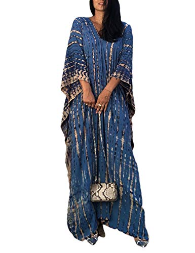 Eddoyee Print V Neck Long Caftan Dresses for Women Short Sleeve Loose Side Split Beach Swimsuit Cover Ups Blue