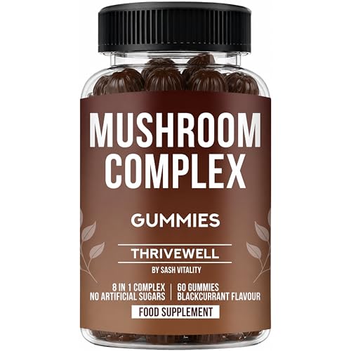 Sash Vitality 8-in-1 Mushroom Gummies Complex - 6 000mg High Strength - Includes Lions Mane and Cordyceps for Brain Focus - No Artificial Sugars or Sweeteners - Blackcurrant Flavour - 60 Vegan Gummies