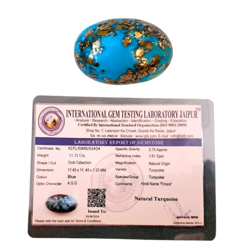 Real Original Firoza Turquoise Gemstone for Men and Women – Oval Shaped for Ring and Pendant Premium Turquoise Jewellery - The Stone of Compassion and Success 11.32 Carat