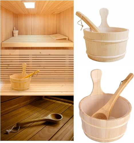 Sauna Bucket and Ladle Set, 3pcs 4L Sauna Bucket Wooden Bucket Barrel Sauna Accessories Wood Bucket Sauna Kit Pinewood Cedar Sauna for Home(Sauna Bucket+Sauna Ladle+Plastic Attachment)