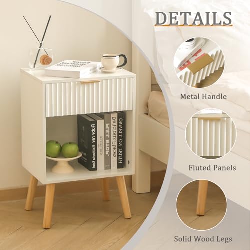 Image of Fultyle White Nightstand, Modern Bedside Table with Drawer and Open Storage, Fluted End Side Table Living Room with Solid Wood Legs for Bedroom (White)