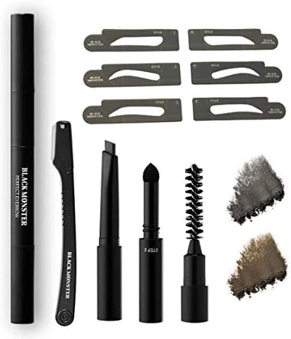 Black Monster 5 in 1 Eyebrow Kit - Stencils, Razor, Pencil, Sponge Tip, Brush Easy Long Lasting Brow Stamp Shaping Eyebrow Definer Smudge Proof Temporary Brow Tattoo Black and Brown for Men and Women ( Black )