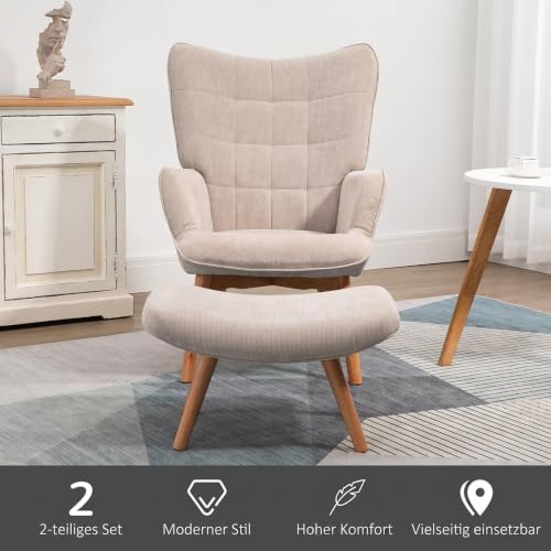 HOMCOM Ohrensessel mit Hocker Sessel mit Cordoptik für Wohnzimmer Beige