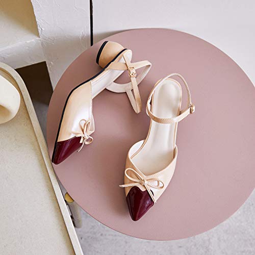 Lehoor Chunky Heel Ankle Strap Pumps Cap Toe Two Toned For Women With Bow Knot, Mid Block Round Heel Pointy Toe Sandals Patent Leather Hollowed Backless D’orsay Office Party Wedding Beige 11 M Us #TOP1