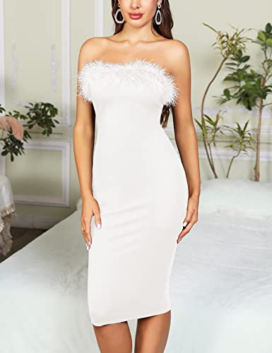 Aiswi Women's 2023 Feather Tube Dress Bodycon Mini Midi Cocktail Evening Party Club Dress, White, Midi, Medium #TOP2