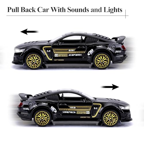 Image of Diecast Toy Car Scale Model,Pull Back Vehicles Alloy Simulation Supercar with Lights and Sound Also for Car Dashboard,Kids,Adult (Mustang Black)