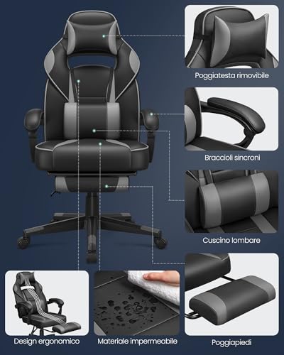 Sedia da Ufficio, Poltrona Racing Ergonomica, Poggiapiedi Telescopico, Schienale Inclinabile, Poggiatesta e Supporto Lombare, Portante di 150 kg, Nero Inchiostro e Grigio Tortora OBG073B03 - Sedia gaming - Immagine 3