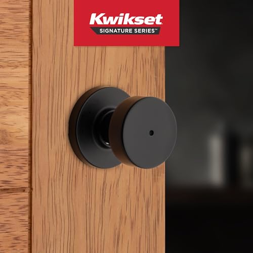 Image of Kwikset Pismo Interior Privacy Door Knob with Lock, Door Handle For Bathroom and Bedroom, Matte Black Keyless Turn Lock Doorknob, with Microban Protection