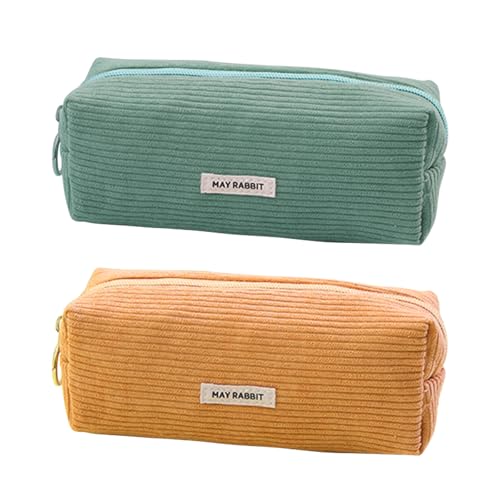 Cosswe 2 unidades de estuche, estuche de tela de pana de gran capacidad de almacenamiento, estuche para lápices, estuche estético para mujer, estuche escolar, Jengibre amarillo+verde claro, Modas
