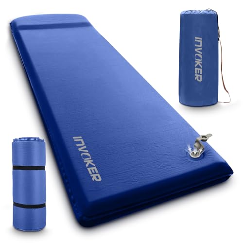 INVOKER 3.15" Camping Sleeping pad, Ultra-Thick Elasticity Foam Fast Self-Inflating 4-Season Insulated Durable Camping Mat Air Mattress with Pillow, for Tent, Car, Camping, Traveling, Blue