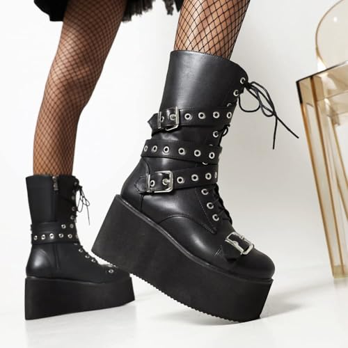 Womens Platform Mid Calf Combat Boots Winter Lace Up Wedge Heel Studded Goth Punk Buckle Motorcycle Knee High Boots4