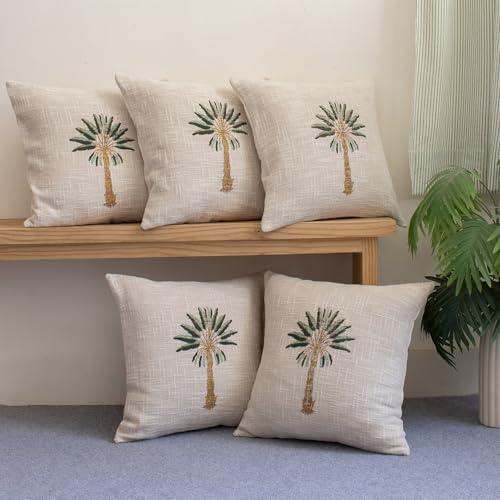 Image of Palm Tree Cotton Jute Cushion Cover Set, Decorative Sofa Throw Pillow Cover 40x40 cm or 16x16 Inch Covers, Beige (5 Cushion Cover)